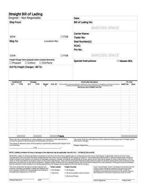 straight bill of lading form template