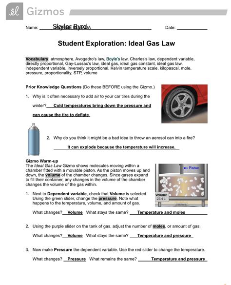 Student Exploration Ideal Gas Law Gizmo Answer Key Pdf
