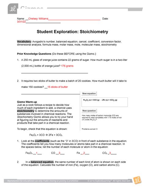 Student Exploration Stoichiometry Gizmo Answers In 2023