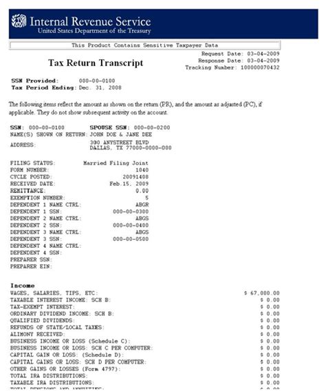 student's irs tax return transcript