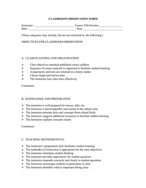 Student Classroom Observation Example