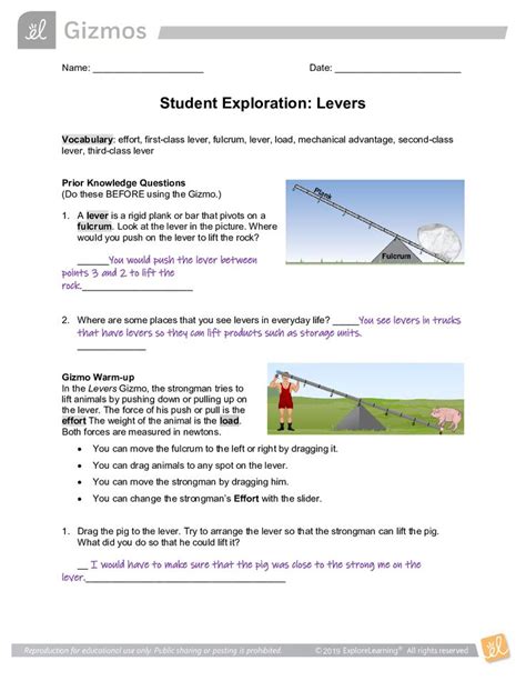 Student Exploration Levers Gizmo Answer Key