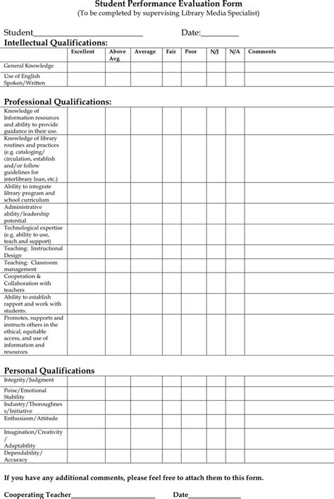 student performance evaluation form template