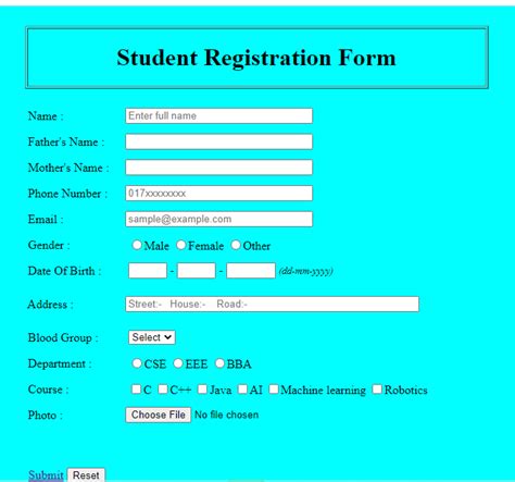 student registration form in html example