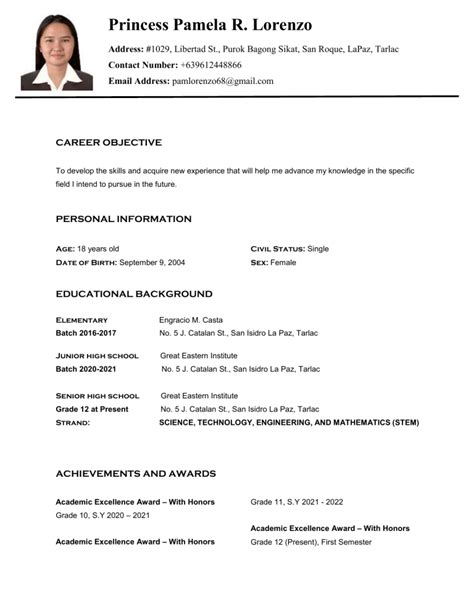 student sample resume for work immersion pdf