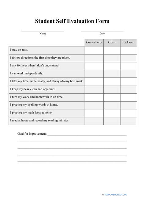 student self evaluation form template