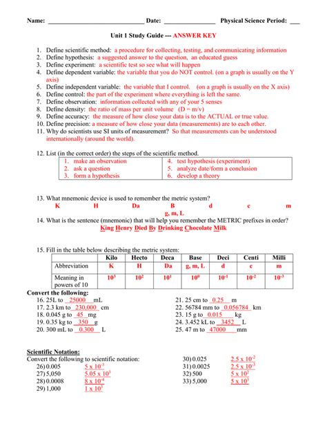 Study Guide Answer Key