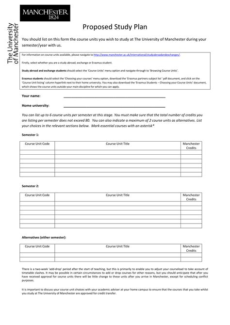 Study Plan For University Application Template