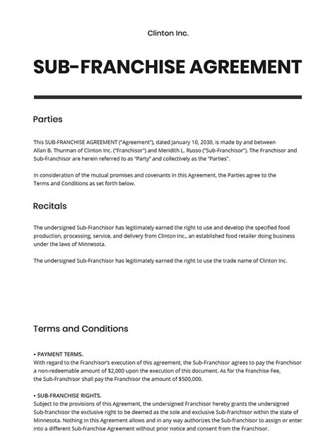USA SubFranchise Agreement for Restaurant Franchises Legal Forms and