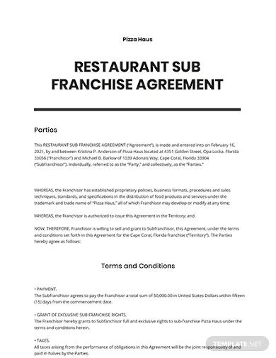 USA SubFranchise Agreement for Restaurant Franchises Legal Forms and