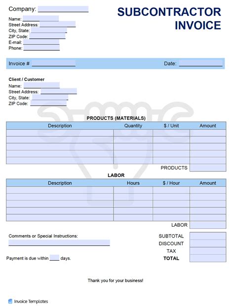 Free Subcontractor Invoice Template Printable Templates