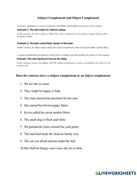 subject and object complement worksheet pdf with answers