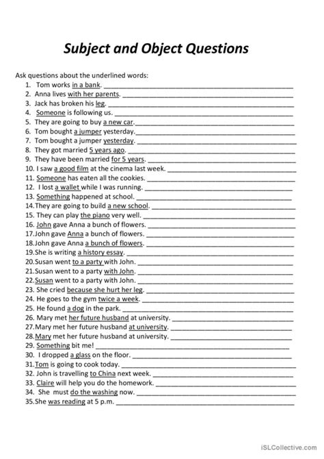 subject and object questions exercises pdf with answers