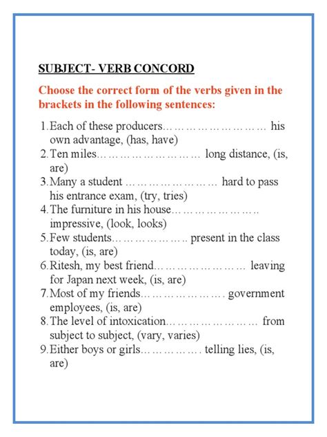subject verb concord class 10 exercises with answers pdf