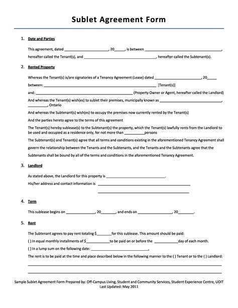 Sample Sublet Agreement Form Civil Law Law) Lease