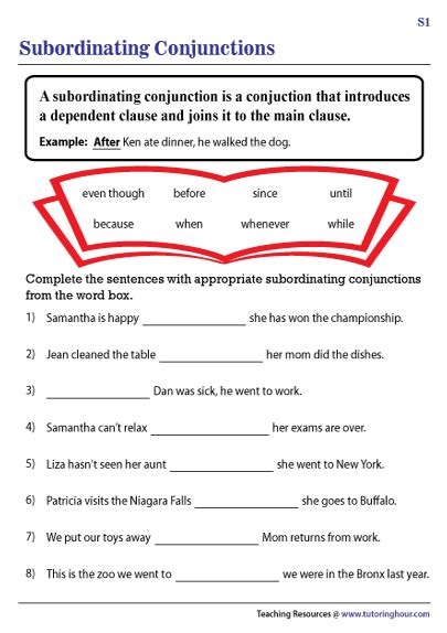 Subordinating Conjunctions Worksheets With Answers