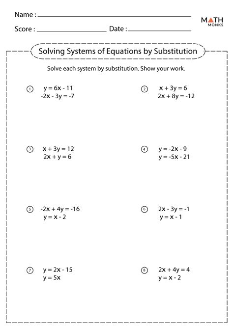 substitution method worksheet answer key algebra 1