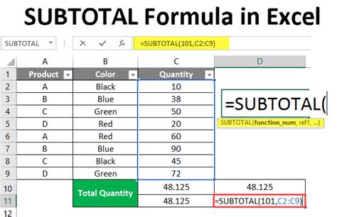 subtotal formula in excel with example