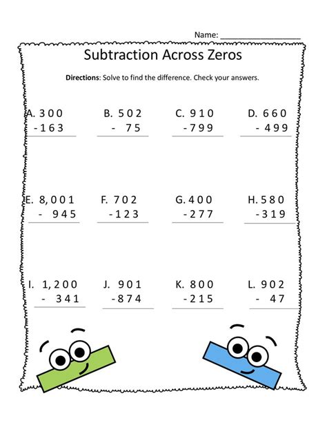 subtracting decimals across zero worksheet