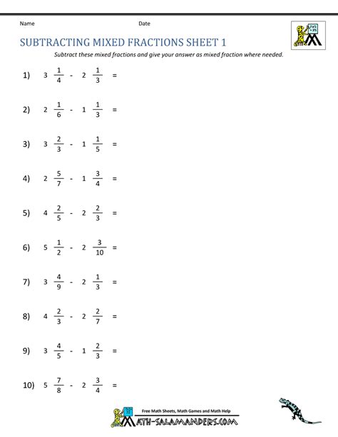 subtracting mixed numbers worksheet 4th grade