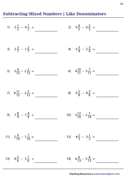 subtracting mixed numbers worksheet like denominators