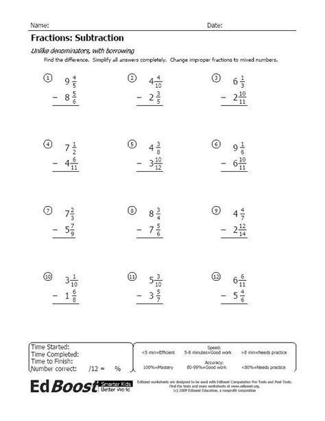 subtracting mixed numbers worksheet vertical