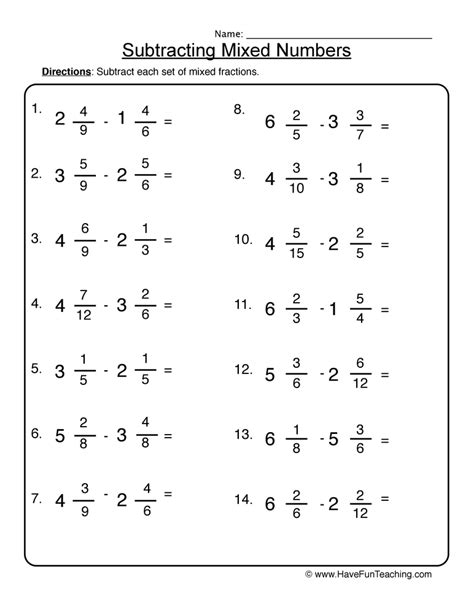 subtracting mixed numbers worksheet year 5