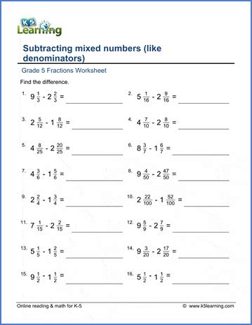 subtracting mixed numbers worksheets grade 5