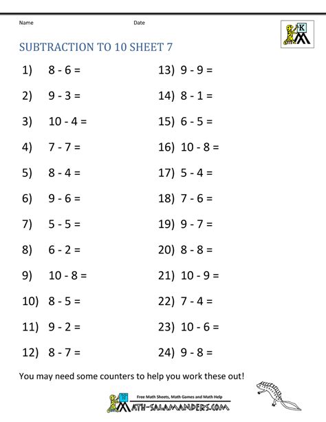 Subtraction To 10 Printable