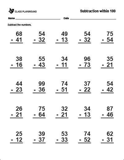 subtraction worksheets up to 100