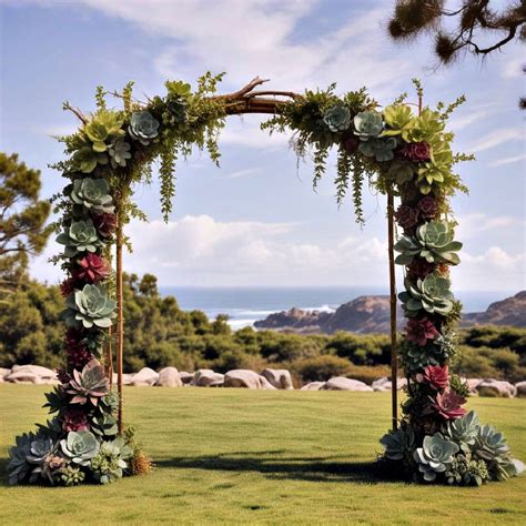 Wedding ceremony arch with draping fabric and chandelier. Succulents