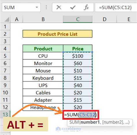 sum function in excel shortcut