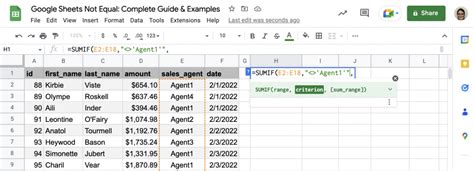 sumif not equal to google sheets