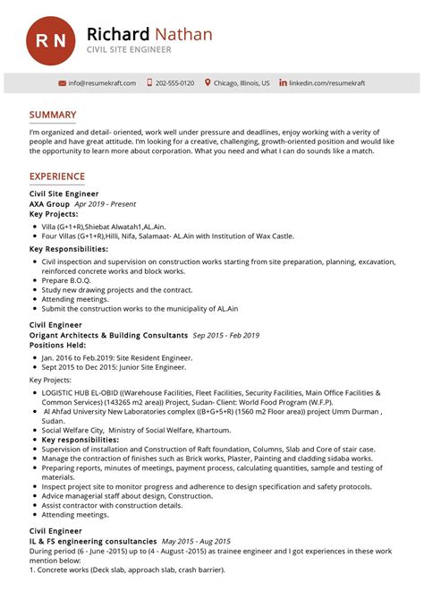 summary for civil site engineer resume