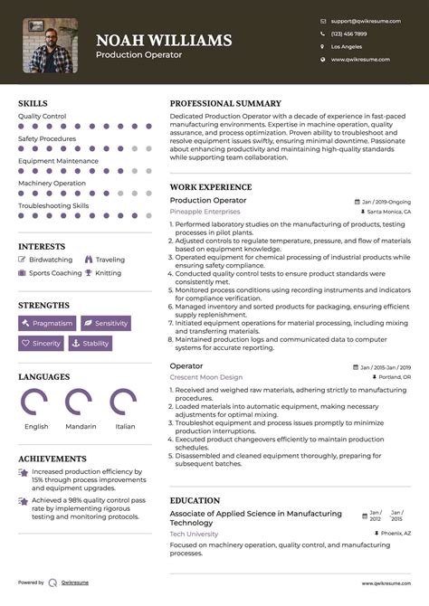 summary for production operator resume