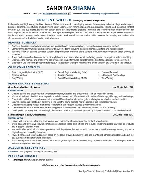 summary of content writer