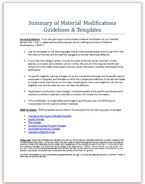 summary of material modifications template