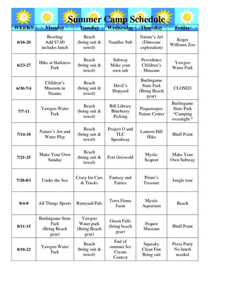 Summer Camp Schedule Template Schedule template, Calendar template