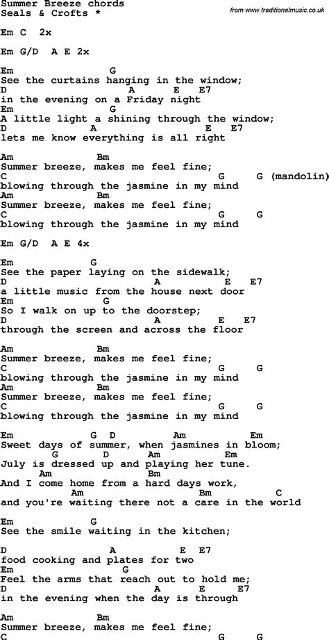 Summer Breeze (Seals & Croft) Guitar Lesson Chord Chart with Lyrics