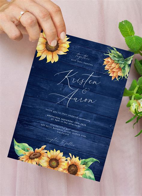 Download Printable Navy Blue Wood Sunflower Wedding Invitation PDF