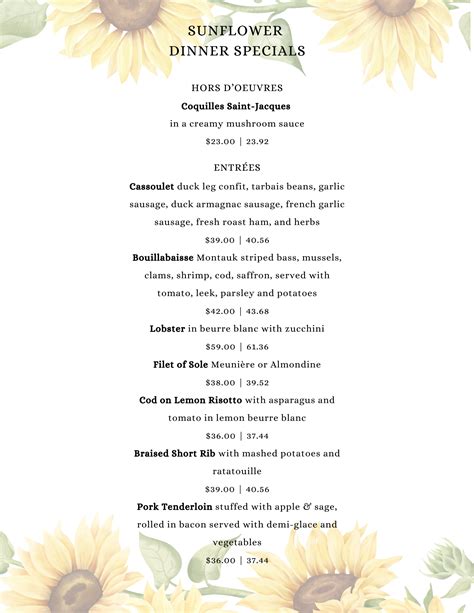 Sunflower Cafe Lancaster Menu