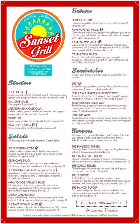 sunset grill menu
