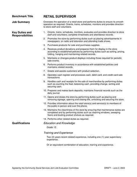Supervisor Job Description Retail