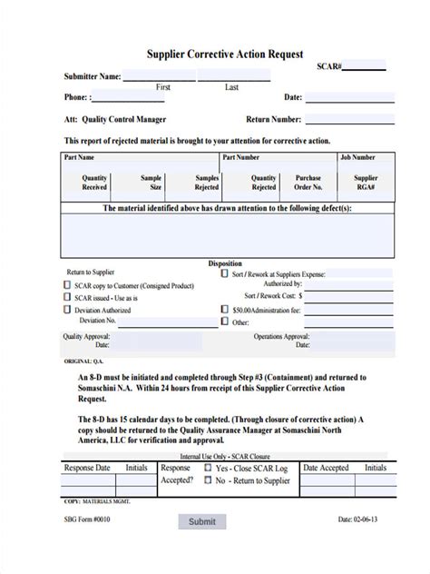 supplier corrective action request form template