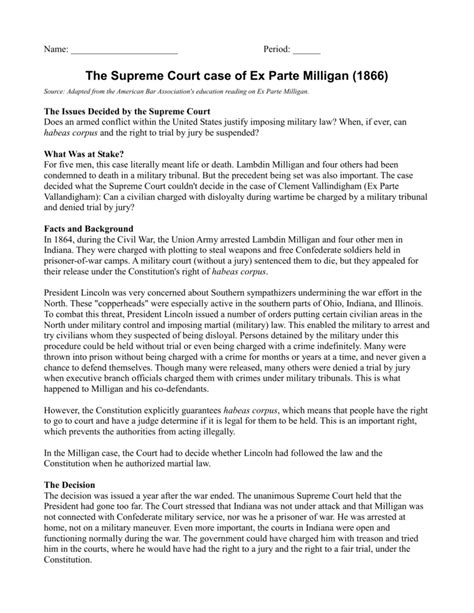 supreme court case ex parte milligan 1866