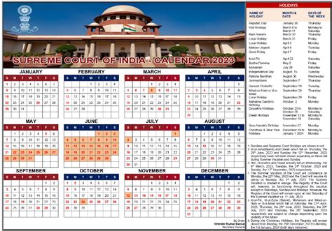 supreme court of india calendar 2023