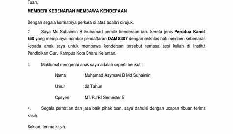 Contoh Surat Kebenaran Menggunakan Kenderaan Syarikat