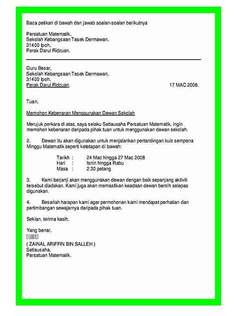 contoh surat rasmi permohonan aktiviti Kelab Dan Persatuan Bahasa Melayu