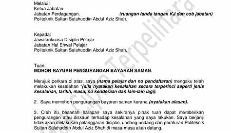 Surat Rayuan Pengurangan Saman - Contoh ABCD