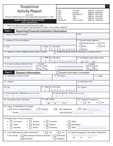 suspicious activity report examples